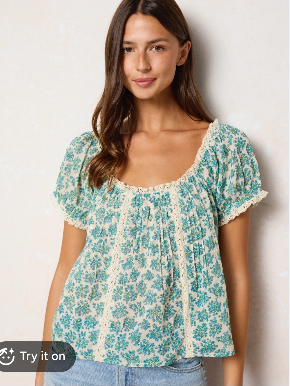 NATURAL LIFE Sweet Nothings Embroidered Top Cream Folk Ditsy Puff-Sleeve Blouse - Picture 3 of 16
